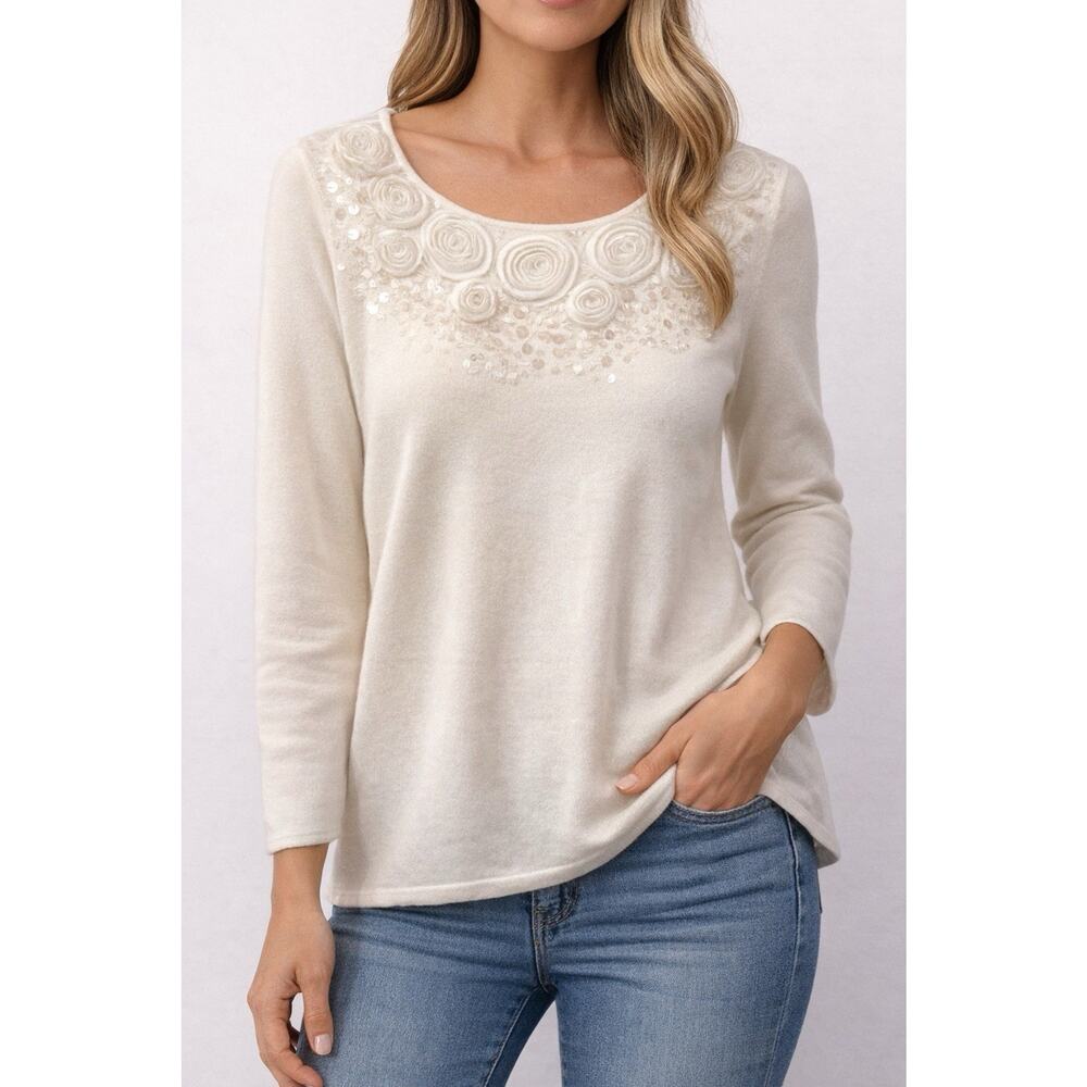 Ruby Rd Ivory Embellished Floral Rosette Knit Top Women’s Large Long Sleeve